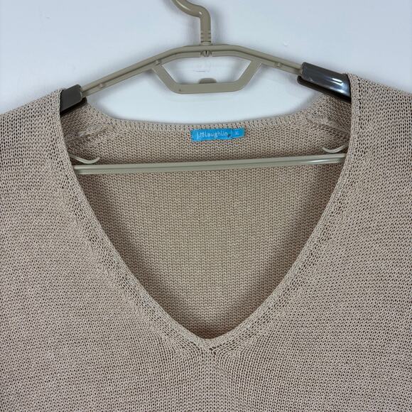 J. McLaughlin Tan Beige V-Neck Sweater wooden buttons XL coastal earthy cotton - Picture 2 of 10